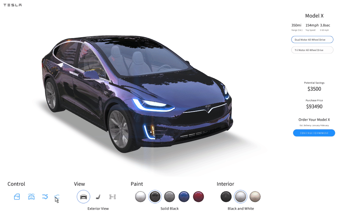 tesla 3D car configurator airflow dynamics