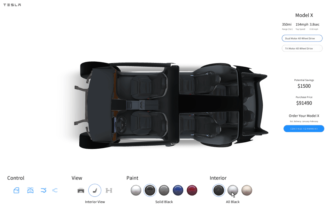 tesla 3D car configurator interior